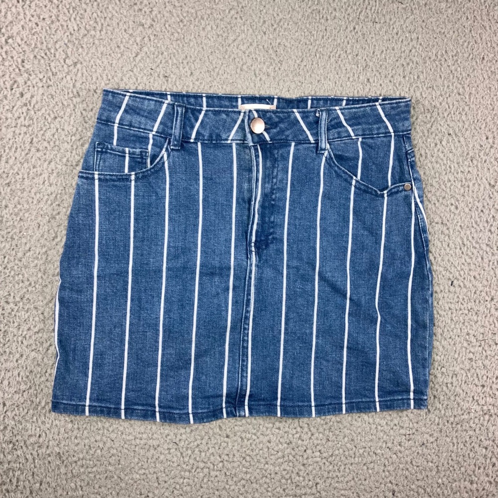 Altar'd State Denim Mini Skirt Women M Blue White Vertical Stripe Boho Coastal